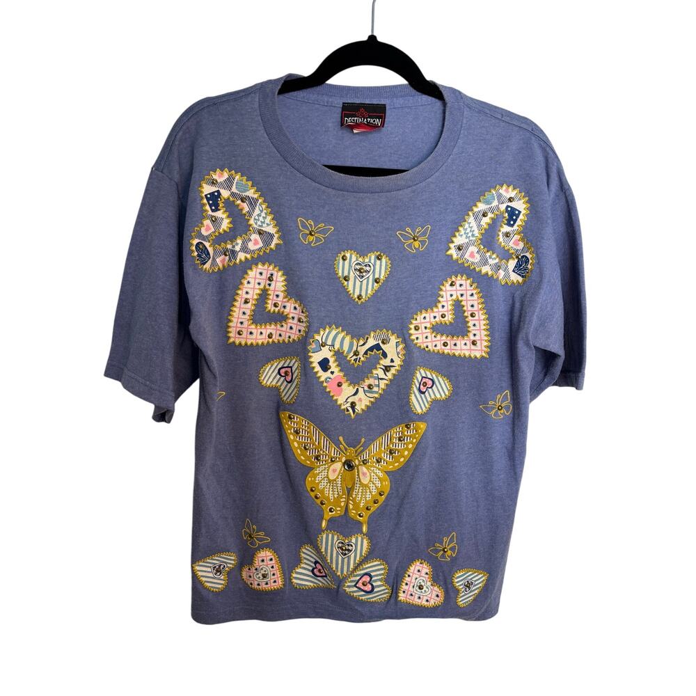 Vintage Destination LA Heart Butterfly Embroidered T-Shirt Blue Short Sleeve